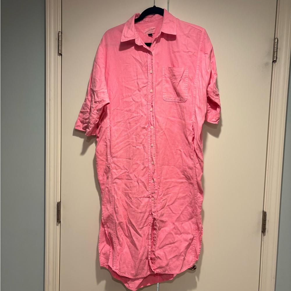 Hot Pink Button-Up Linen-blend Shirt Dress